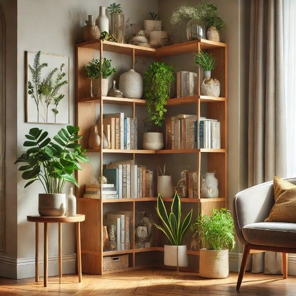 Bibliothèque d'angle en bois dans un salon