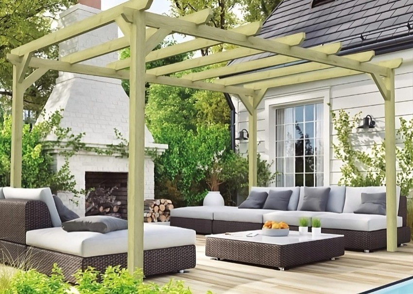 Grande pergola en bois autoportée avec salon de jardin en résine