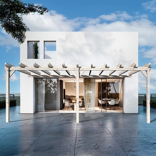 Pergola design blanche en bois adossée sur une terrasse