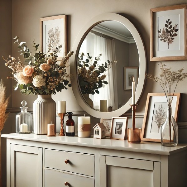 Commode décorée avec cadres bougies plantes et miroir